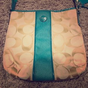 Beige and Teal Coach Purse